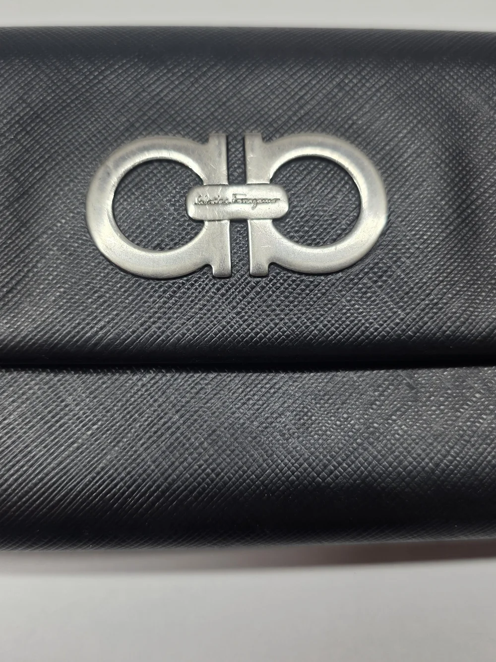 Black Ferragamo Leather Gancini Clutch with Silver Logo Hardware